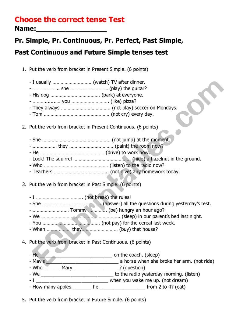 Test of TENSES worksheet