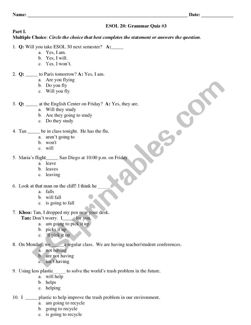 future quiz worksheet