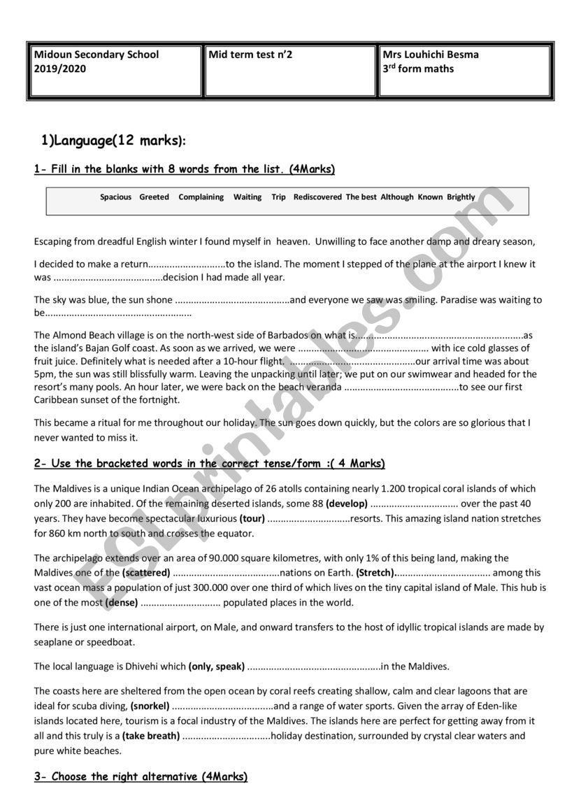 mid term n2third form maths worksheet