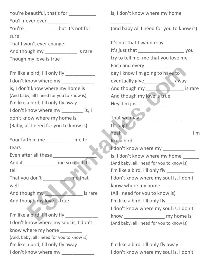 Im like a bird Nelly Furtado worksheet