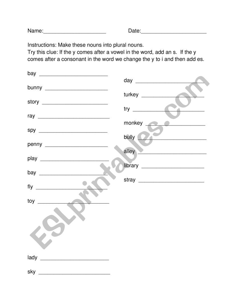 Nouns Ending in Y worksheet
