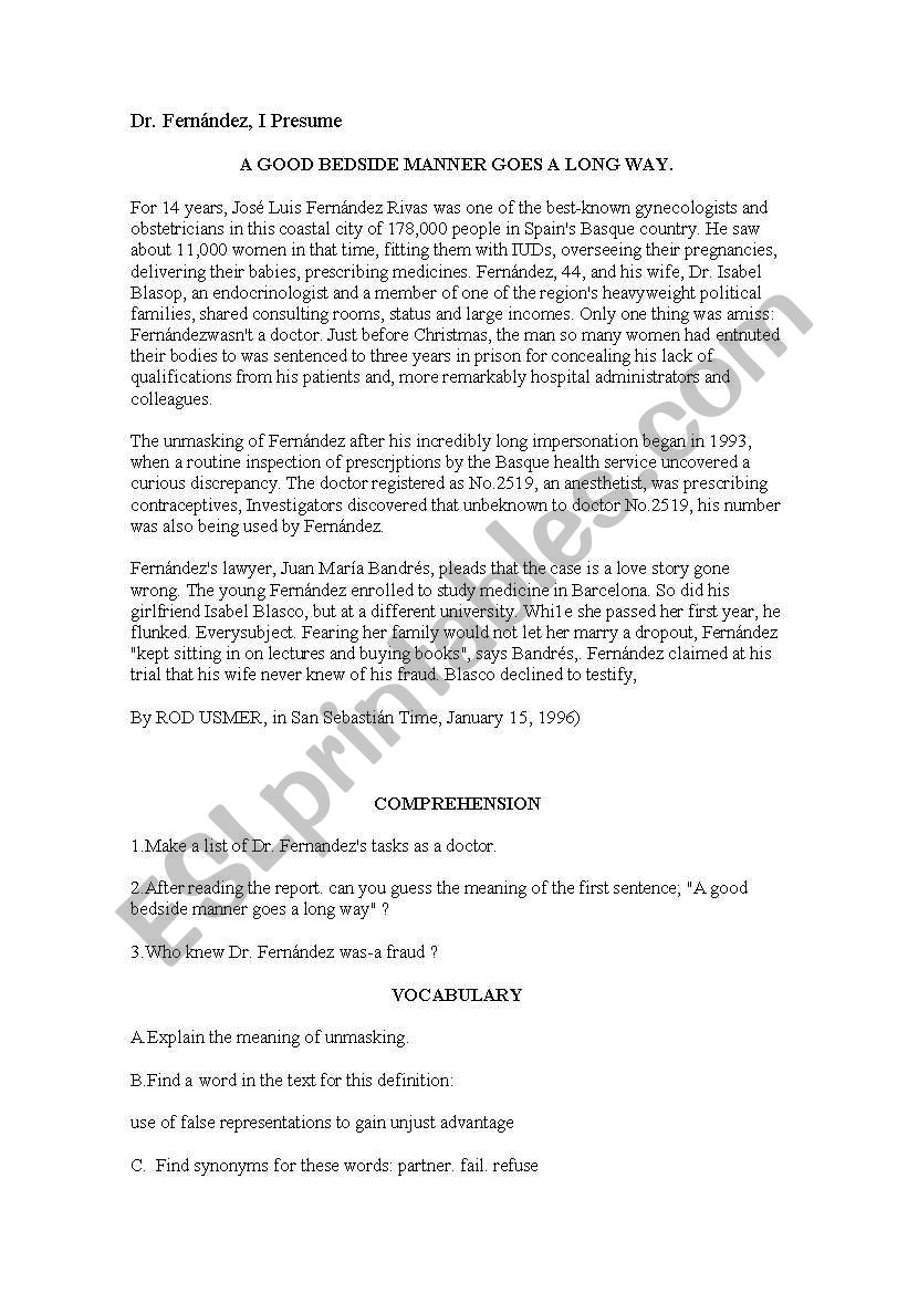 Dr. Fernández, I presume worksheet Dr. Fernández, I presume worksheet