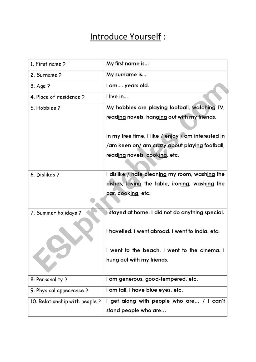 Introduce yourself worksheet