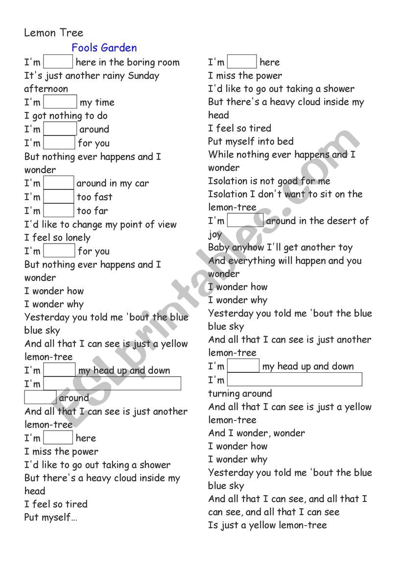 Lemon Tree-Lyrics worksheet