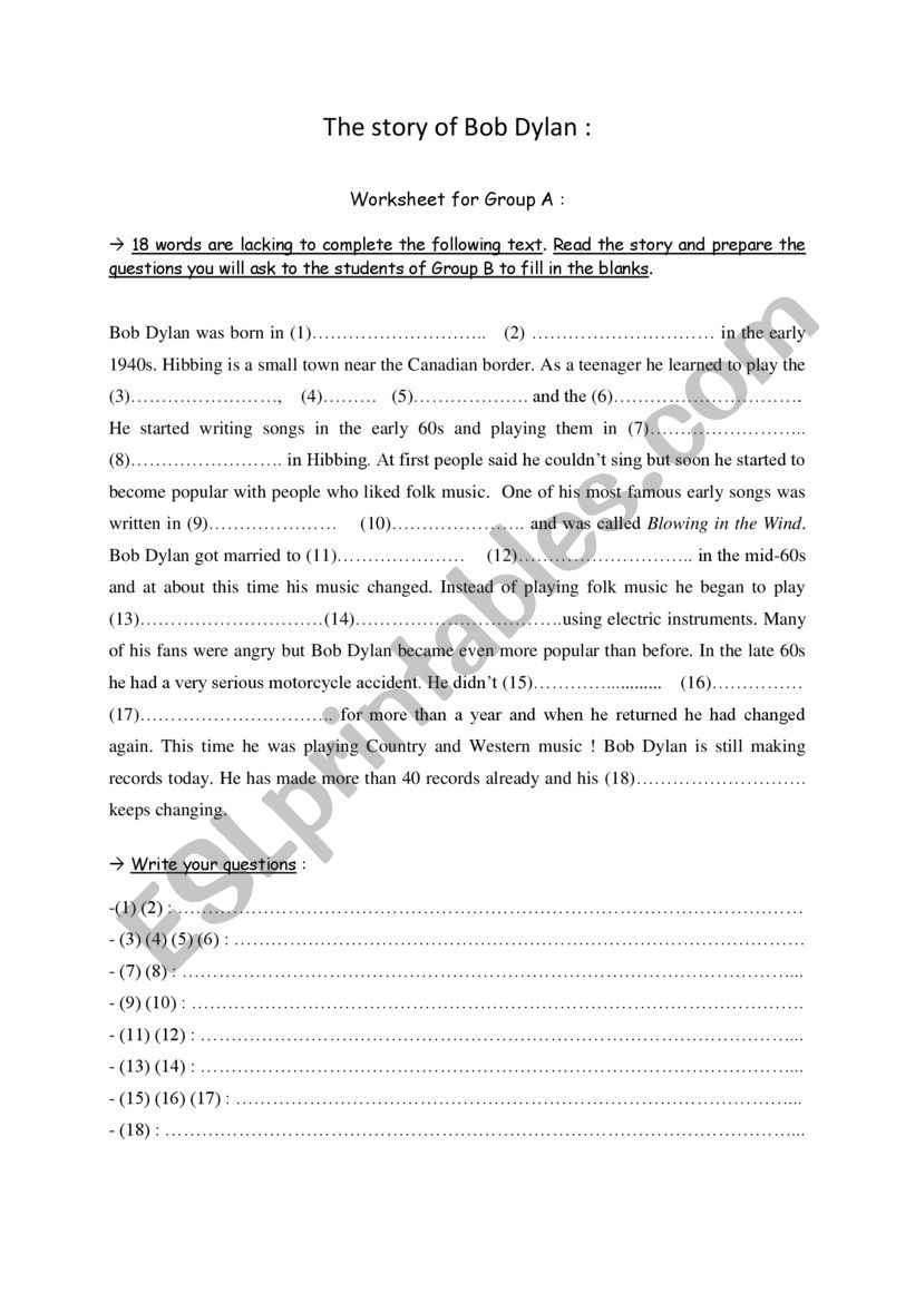 the story of Bob Dylan worksheet