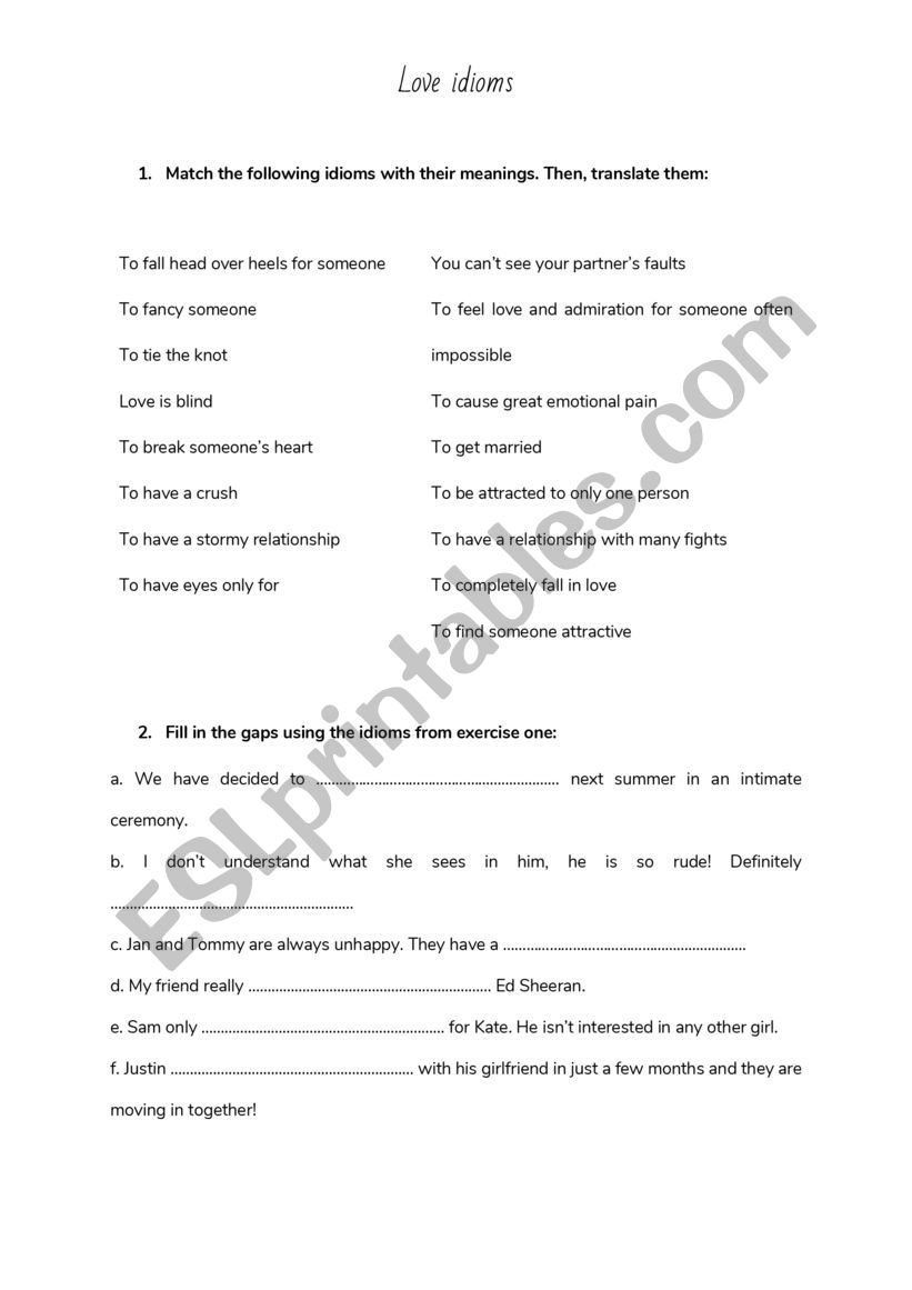 Love idioms worksheet
