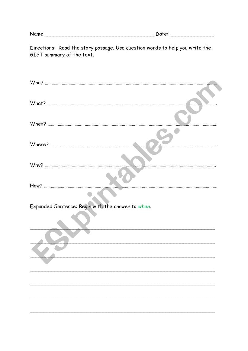 GIST summary worksheet worksheet