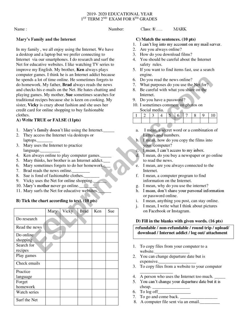 Present Simple Tense / Reading and Comprehension / Matching / True False Questions