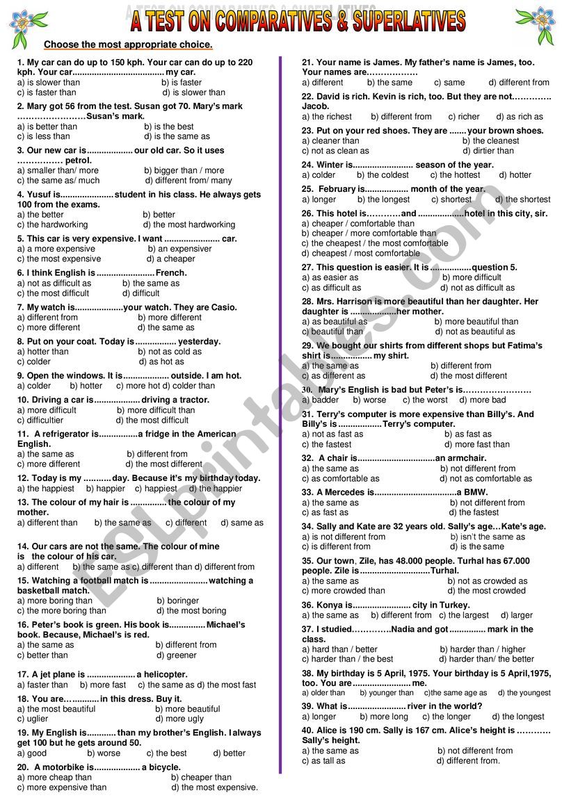 TEST ON COMPARATIVES AND SUPERLATIVES