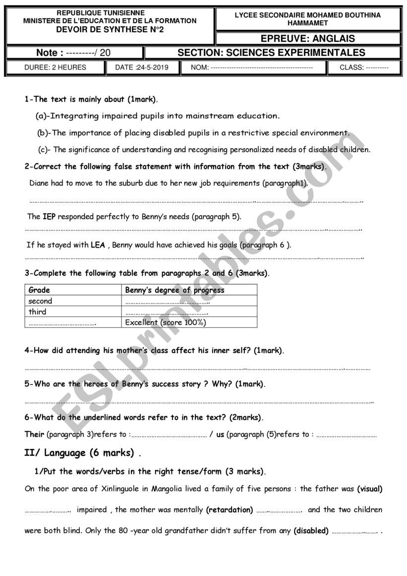 end of term test2 3rd form worksheet