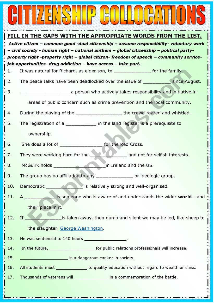 CITIZENSHIP COLLOCATIONS worksheet