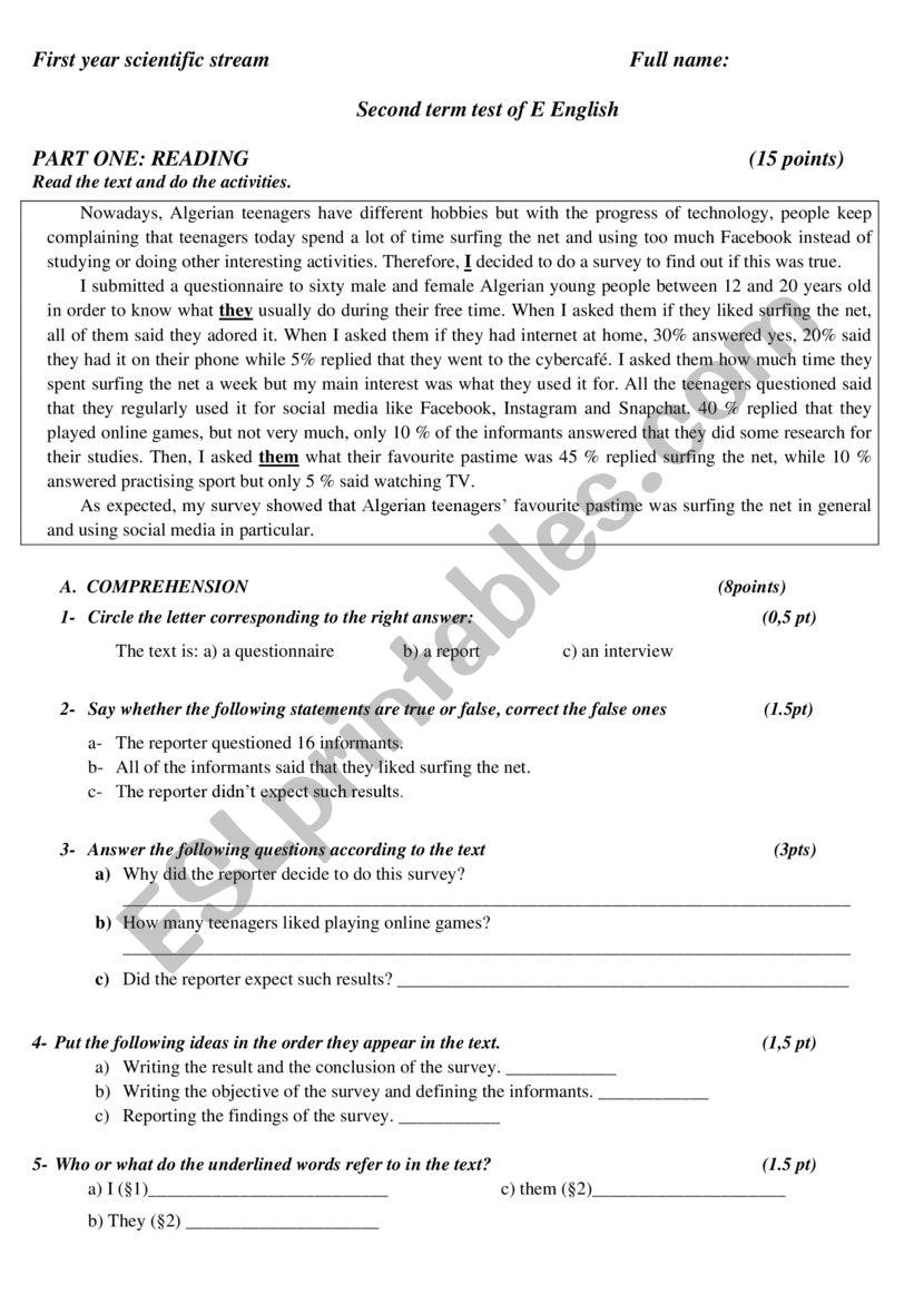 1st year test second term worksheet
