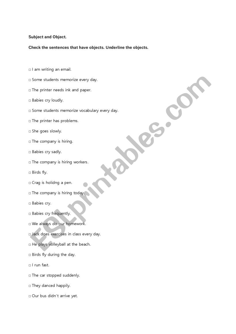 subject and object worksheet