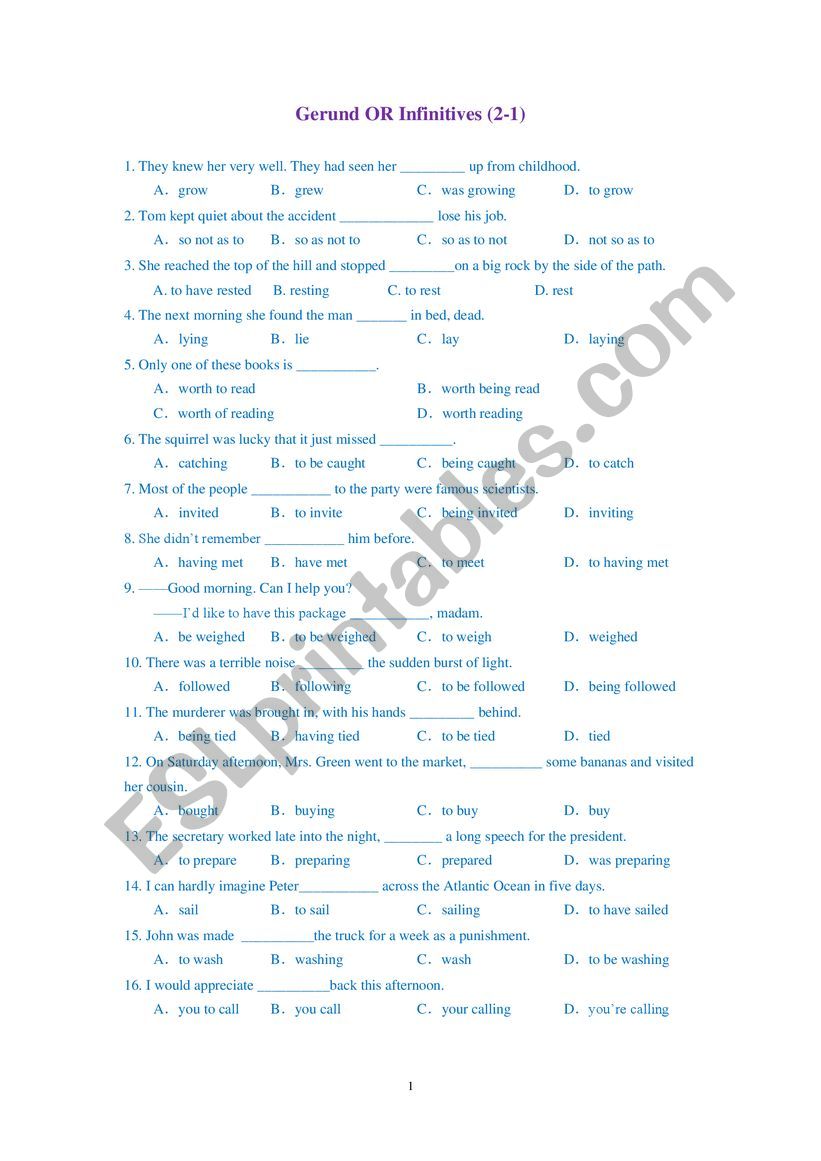 Gerund OR Infinitives (2-1) worksheet