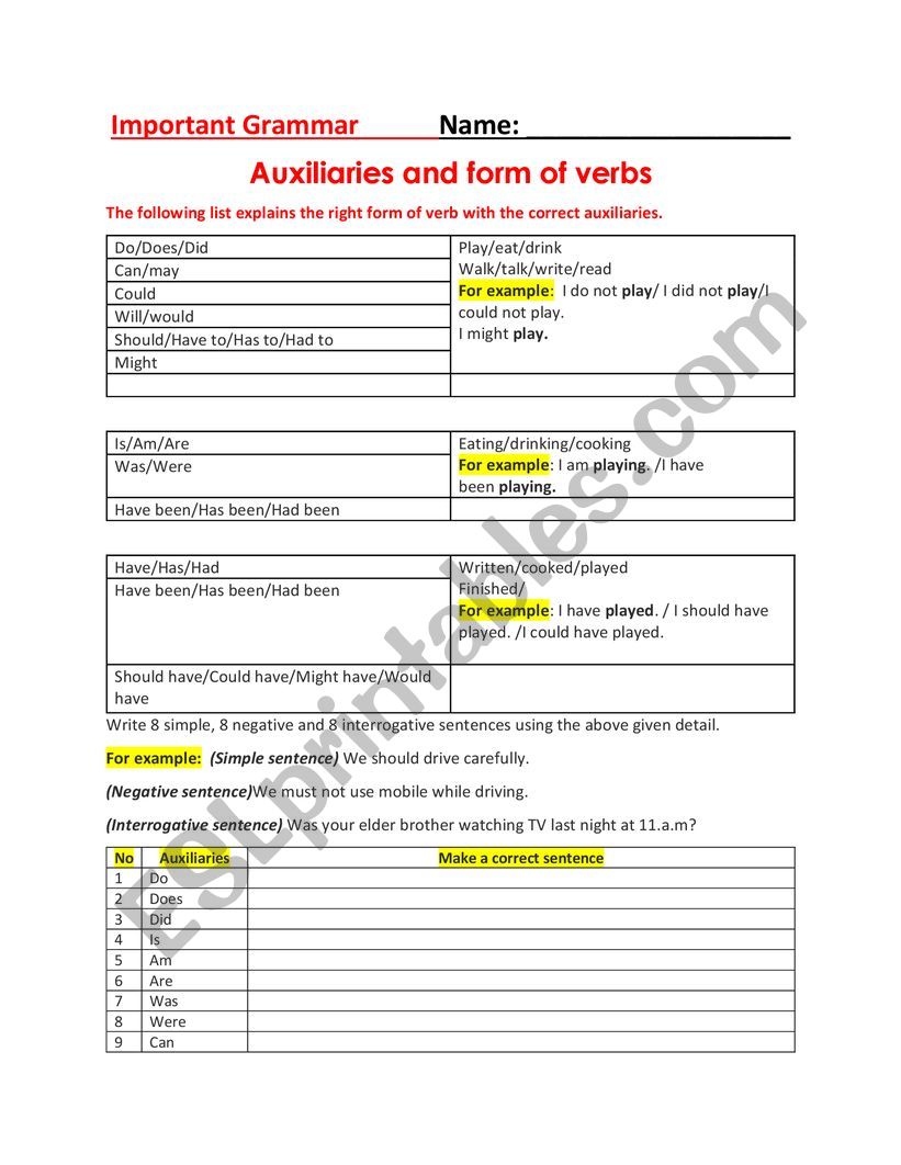 Auxiliaries with form of verbs: Worksheet