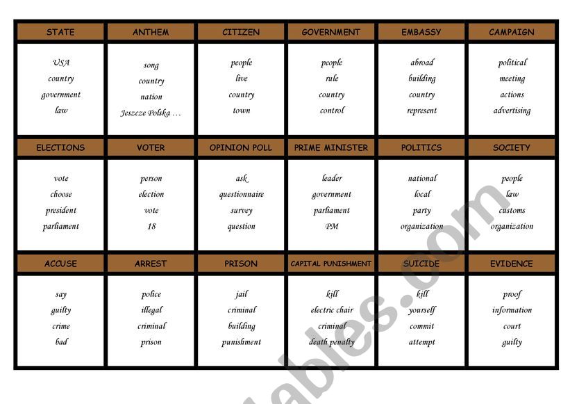 Taboo cards - society worksheet