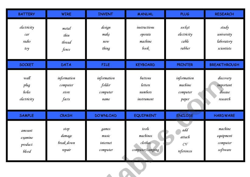 Taboo cards - science worksheet