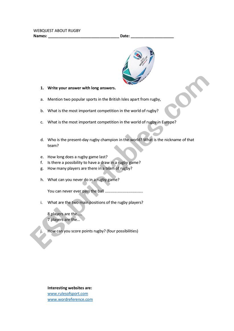 Trivia Questions About Rugby Esl Worksheet By Bleakhouse