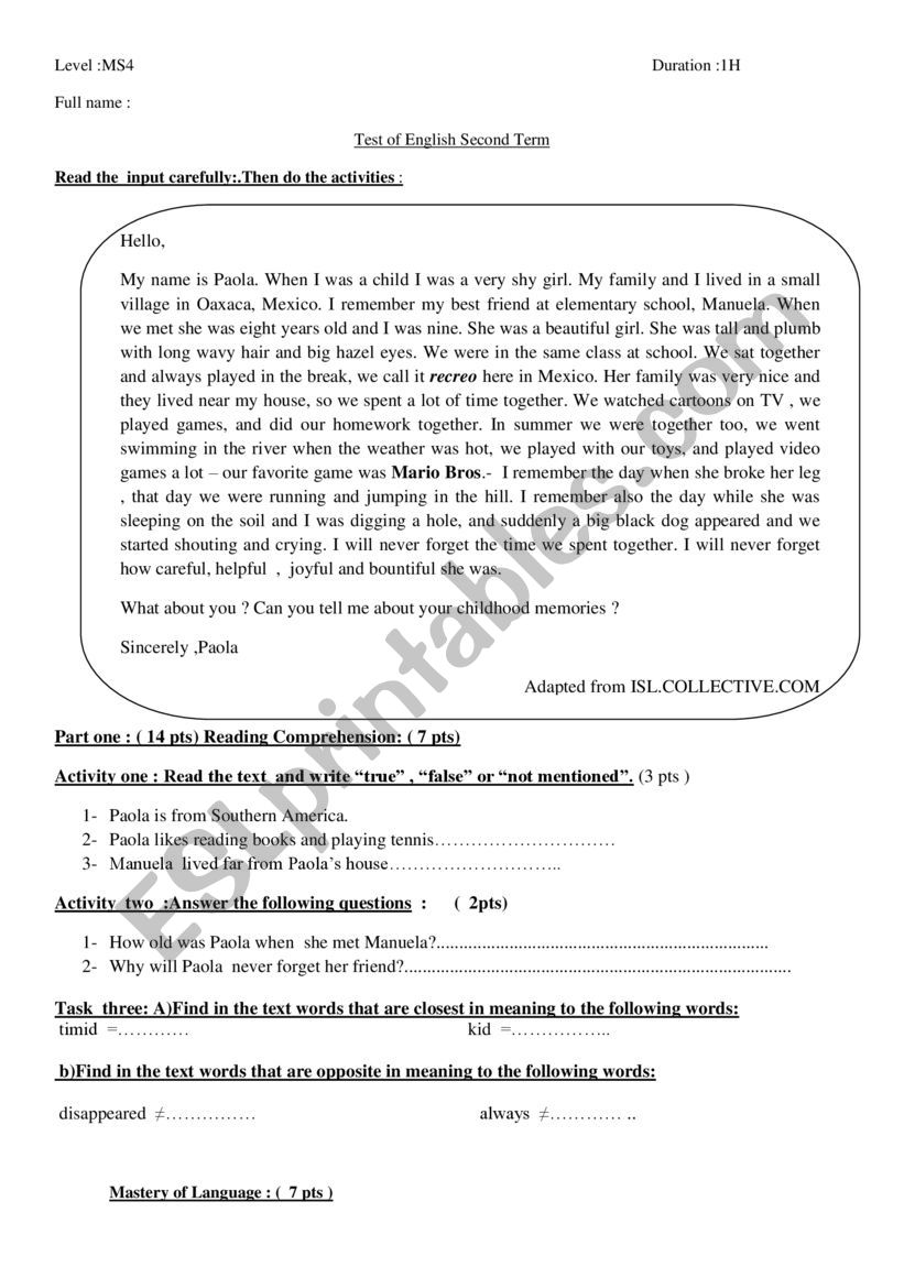 Childhood memories worksheet