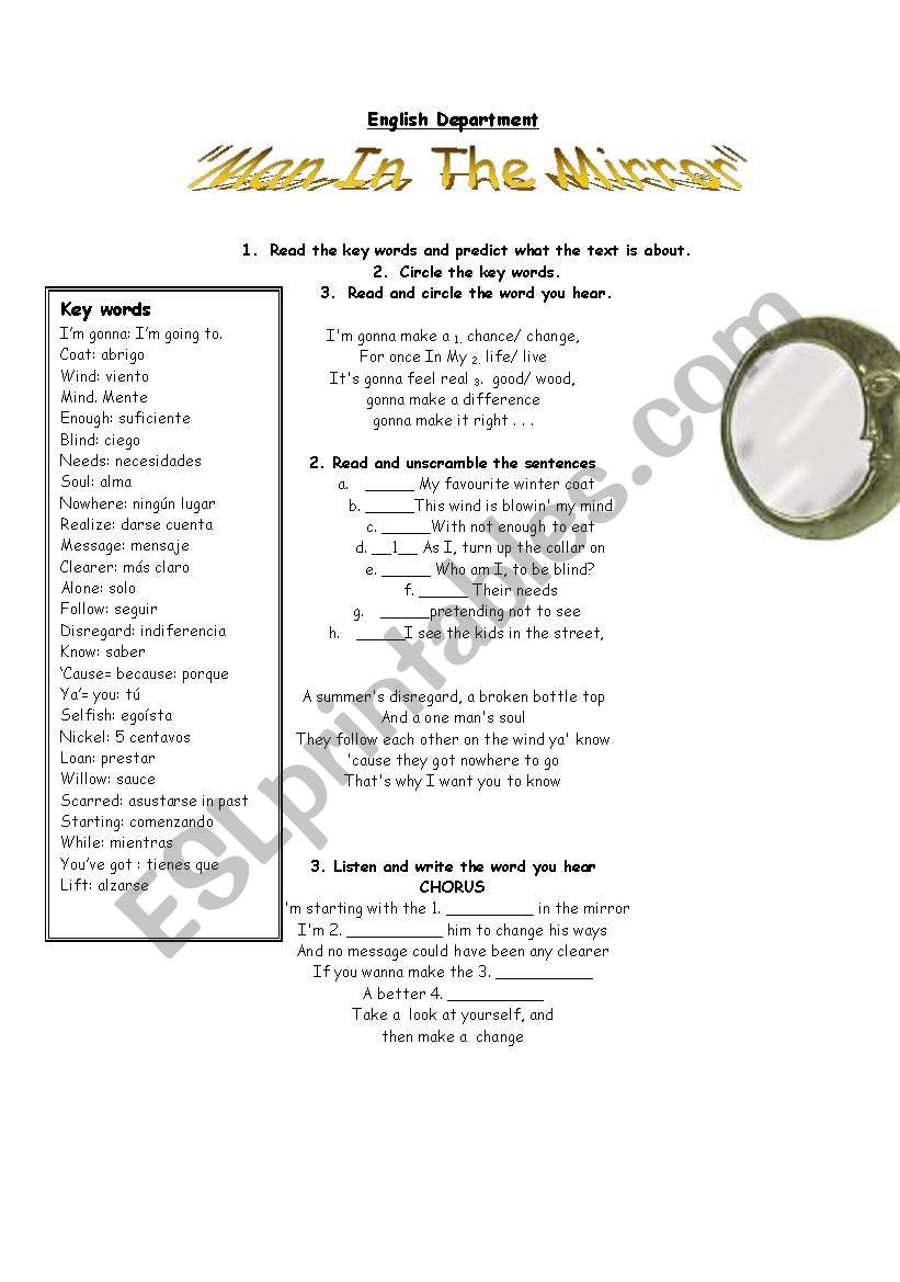 listening man  in the mirror worksheet