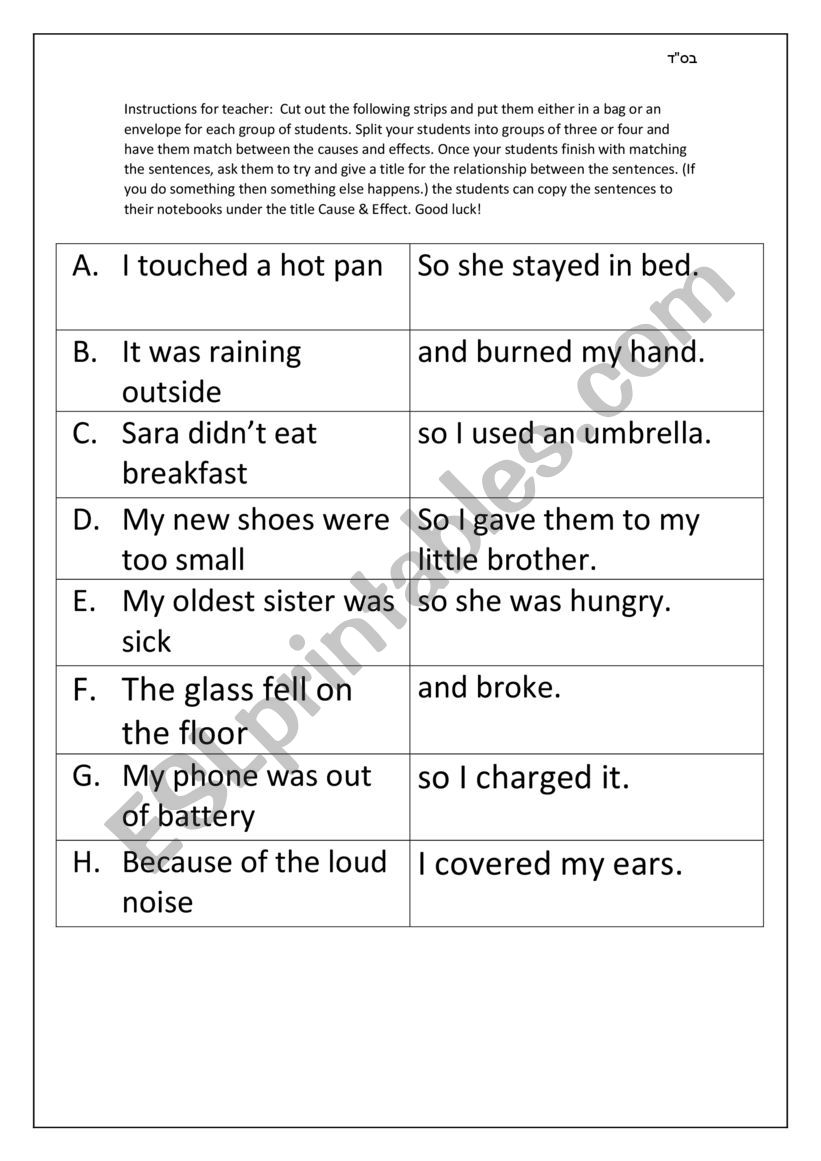 Introducing cause and effect activity + 2 senerio cards 