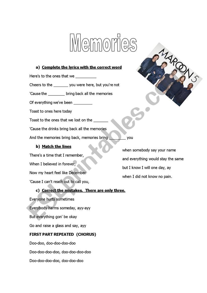 Memories - Maroon 5  worksheet