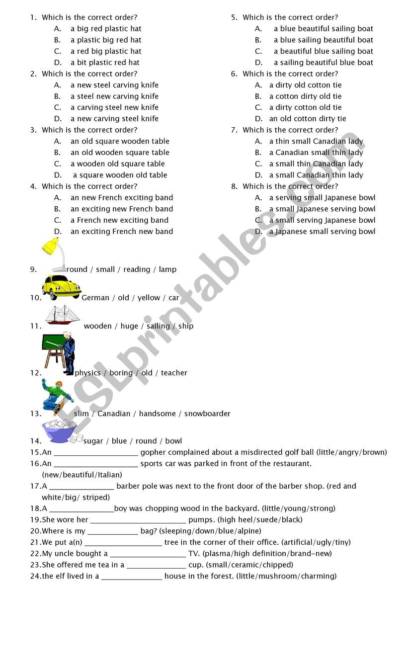 Adjective order worksheet