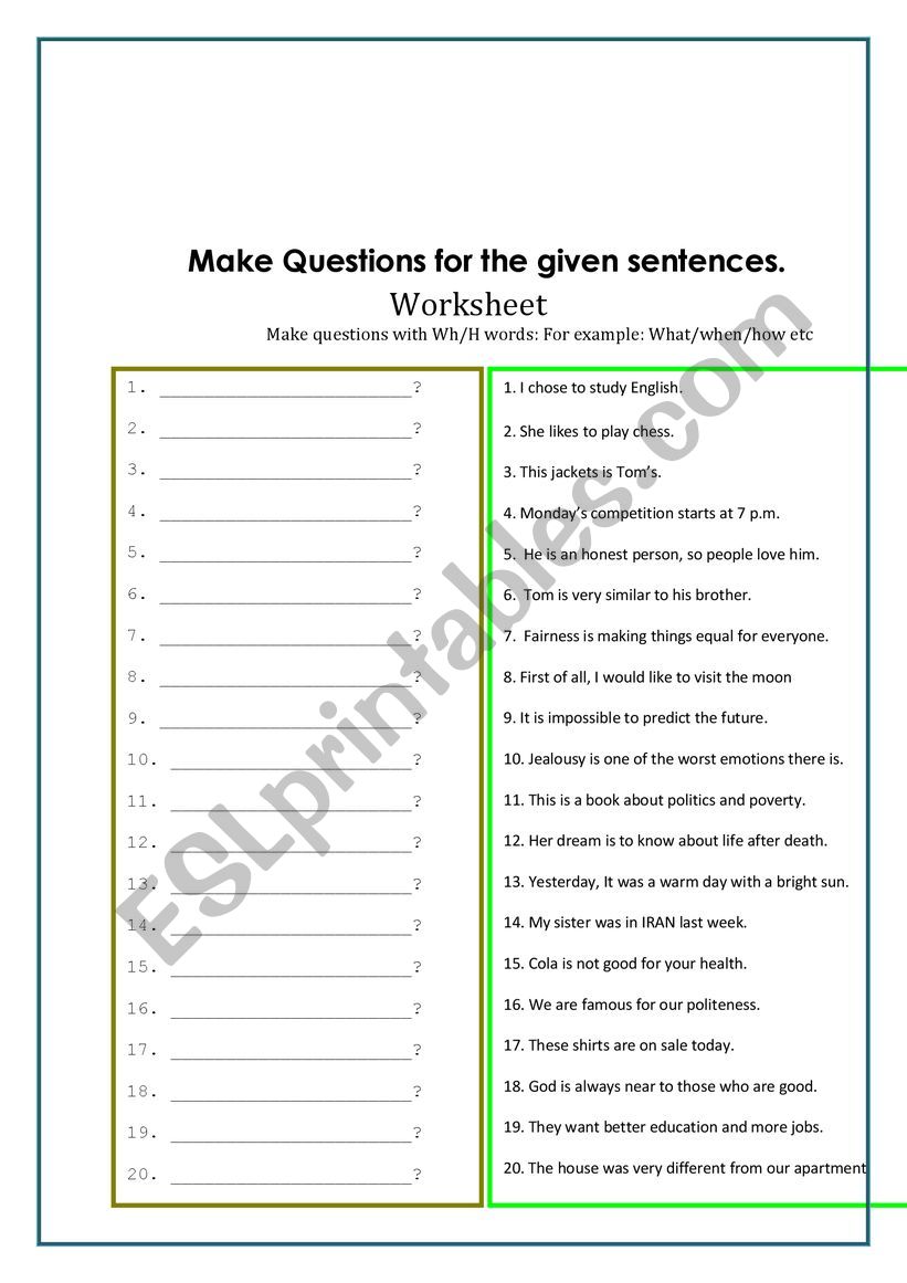 Wh/H words Questions worksheet