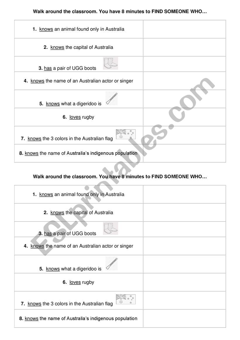 Find someone who (Australia) worksheet