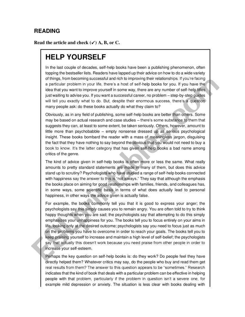 READING-HELP YOURSELF worksheet