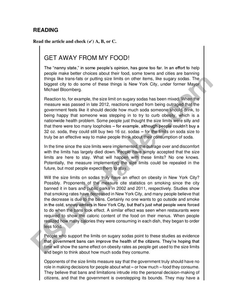 READING GET AWAY FROM MY FOOD ESL worksheet by veronicaargelia1006