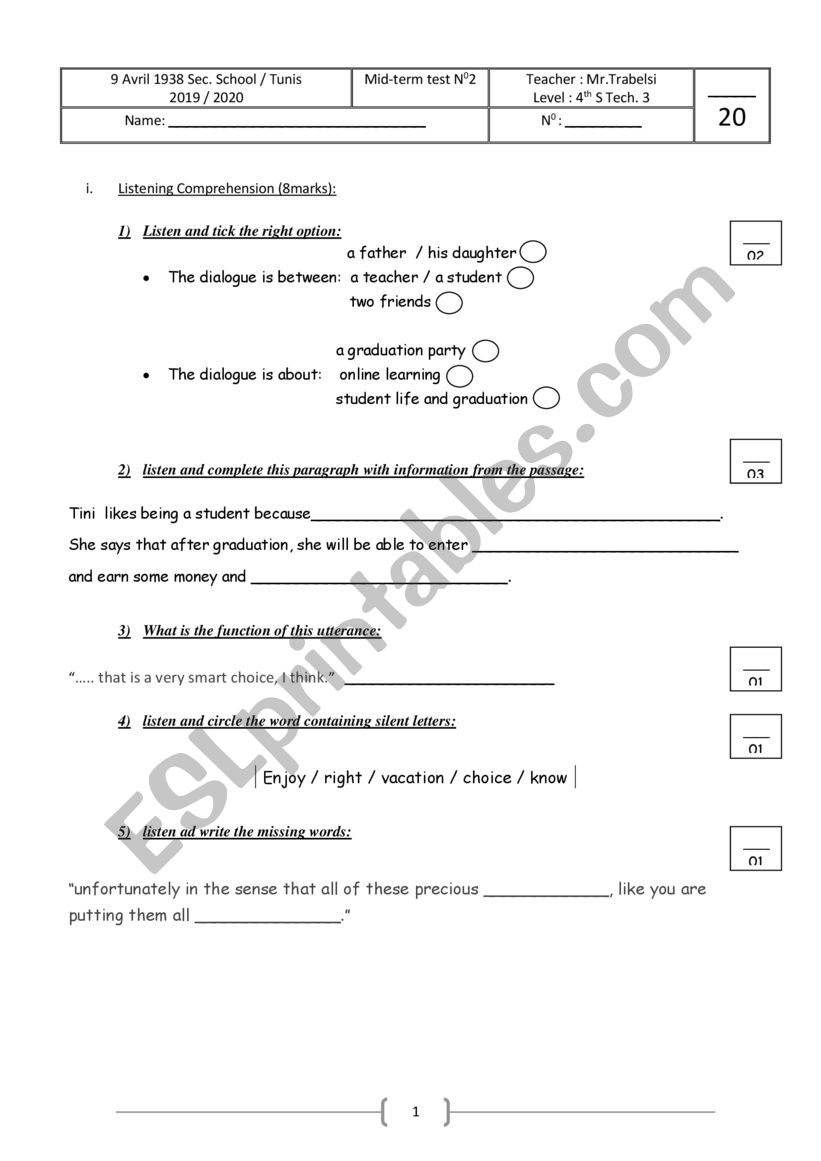 mid term test N2 for Bac students (Tunisian system)