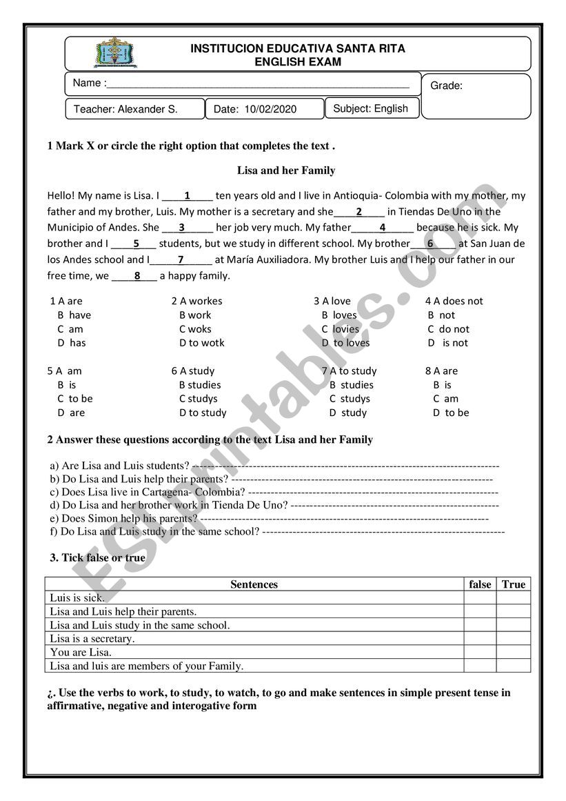 Basic English Exam  worksheet