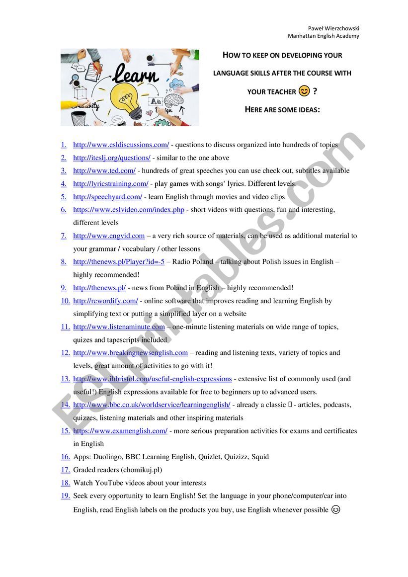 Autonomous learning tools worksheet