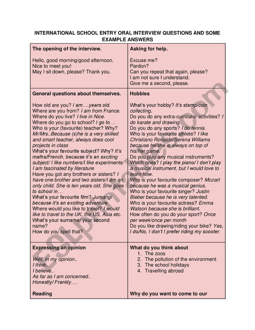 Oral Interview for International School Exams Prep Questions