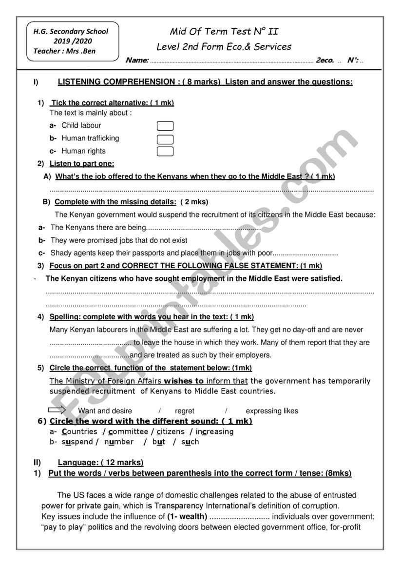 Test listening comprehension 2nd form