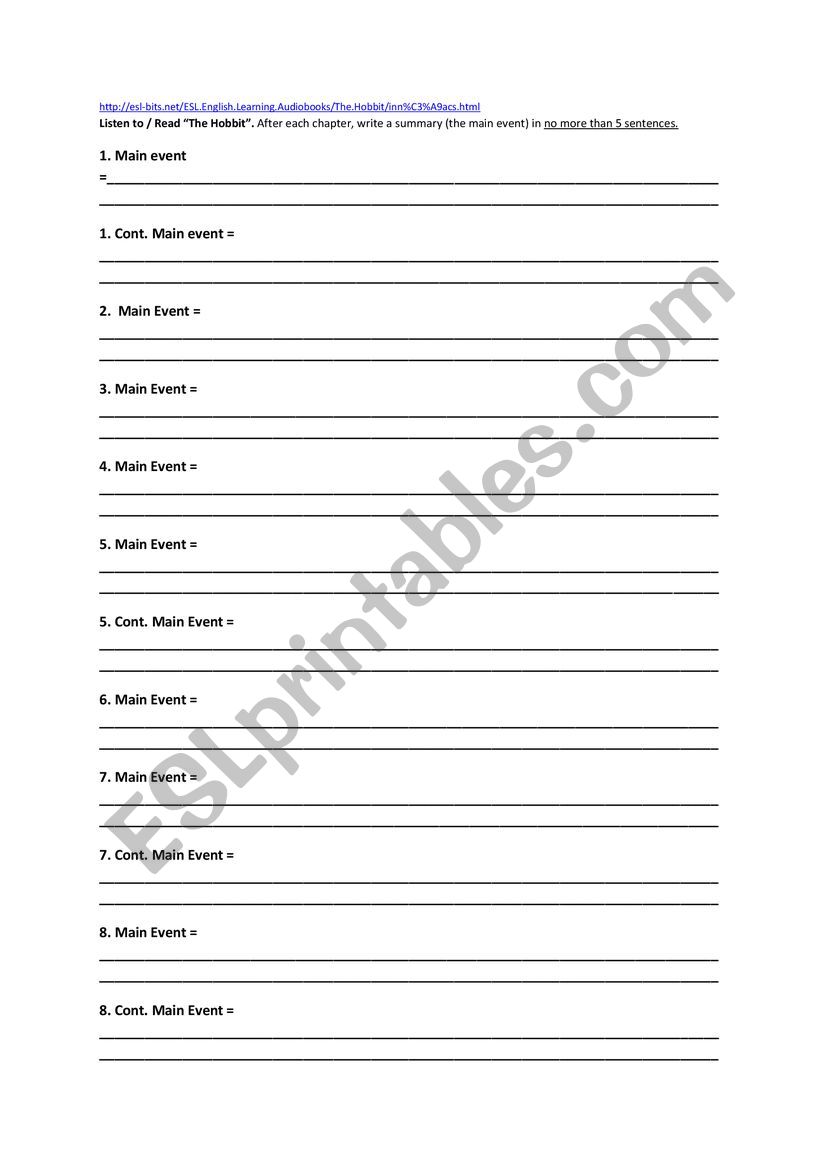 The Hobbit- Summaries worksheet