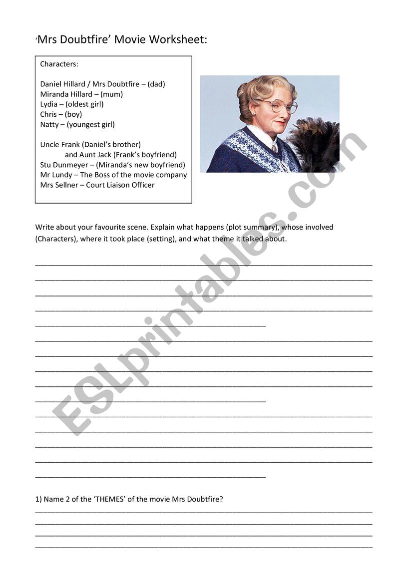 MRS DOUBTFIRE MOVIE RESOURCE worksheet