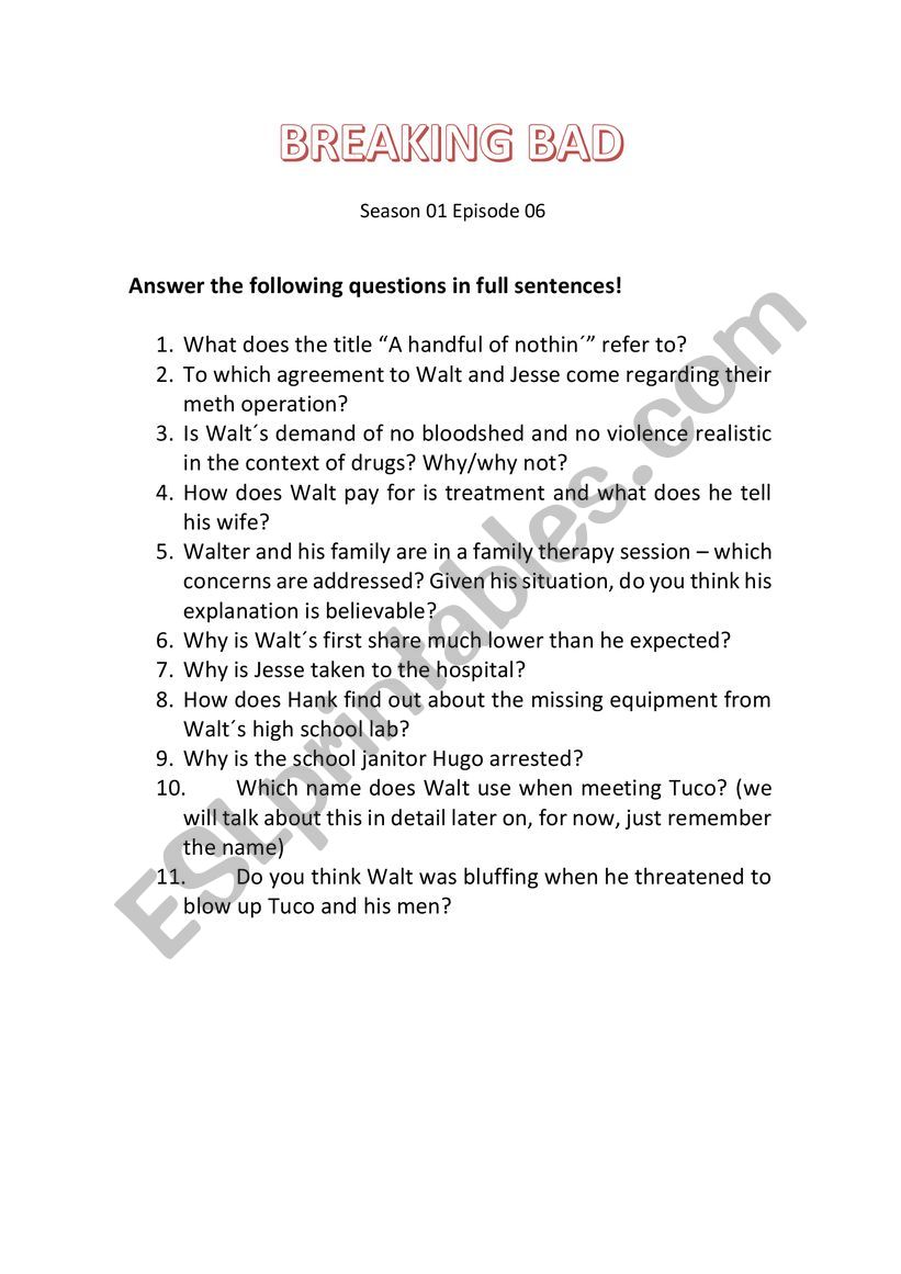 Breaking Bad S01E06 worksheet