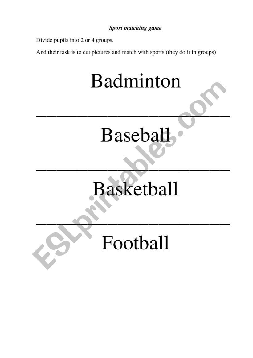 Sports matching game worksheet