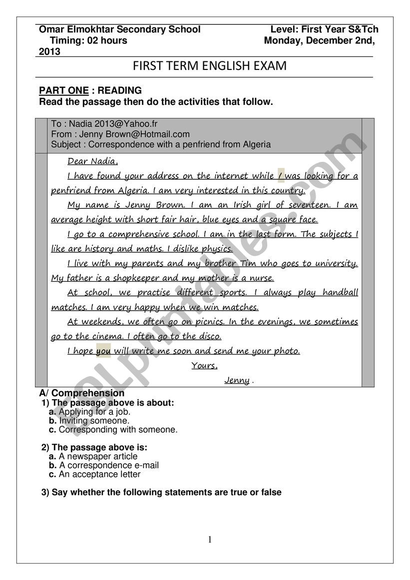 1st year test worksheet