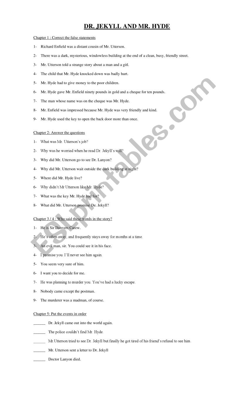 Dr Jekyll and Mr Hyde worksheet