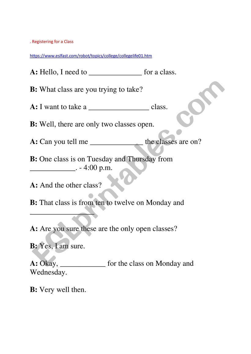 registration for classes worksheet