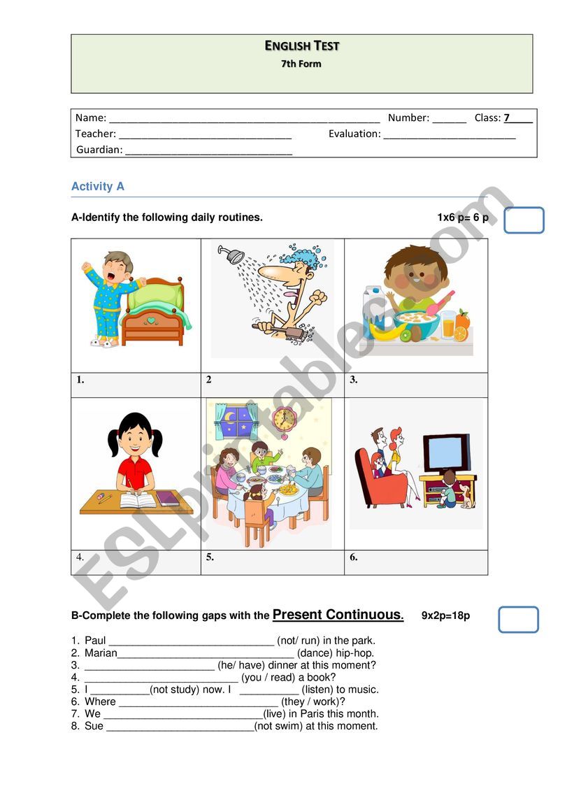 7th Grade- Written Test worksheet