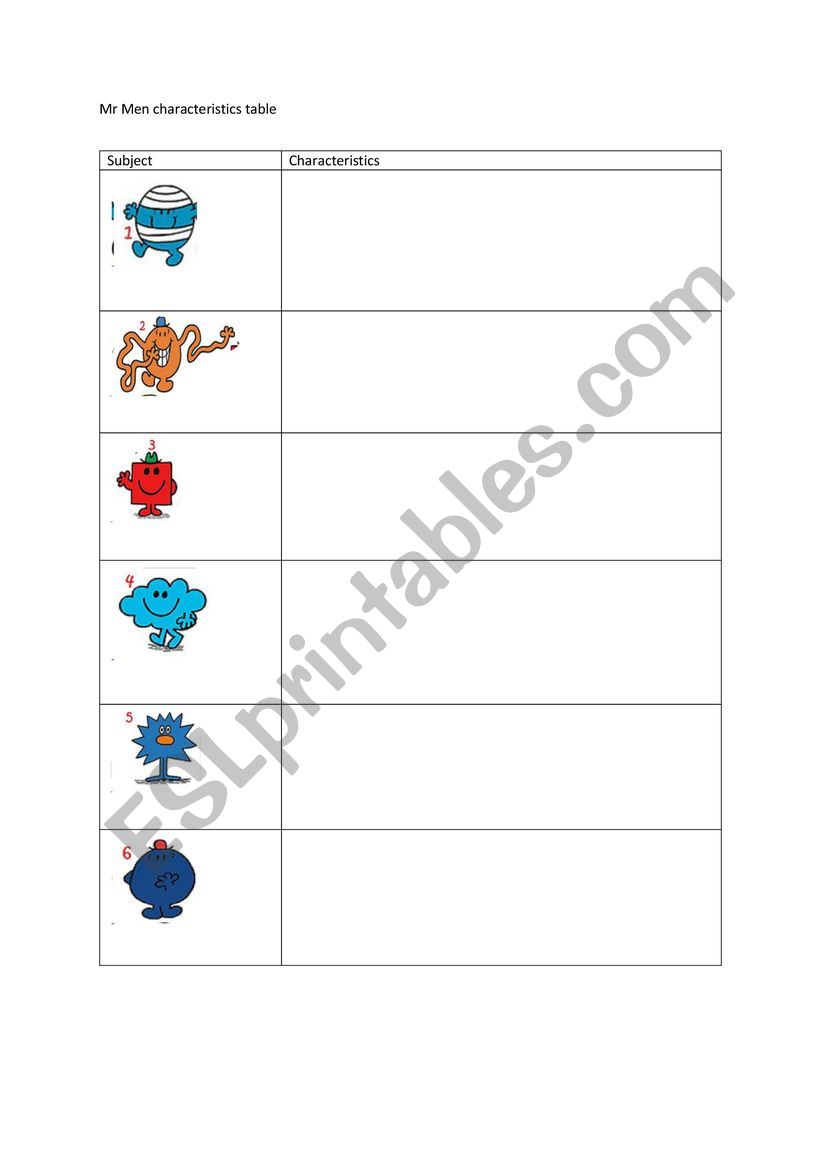 mr men homework worksheet