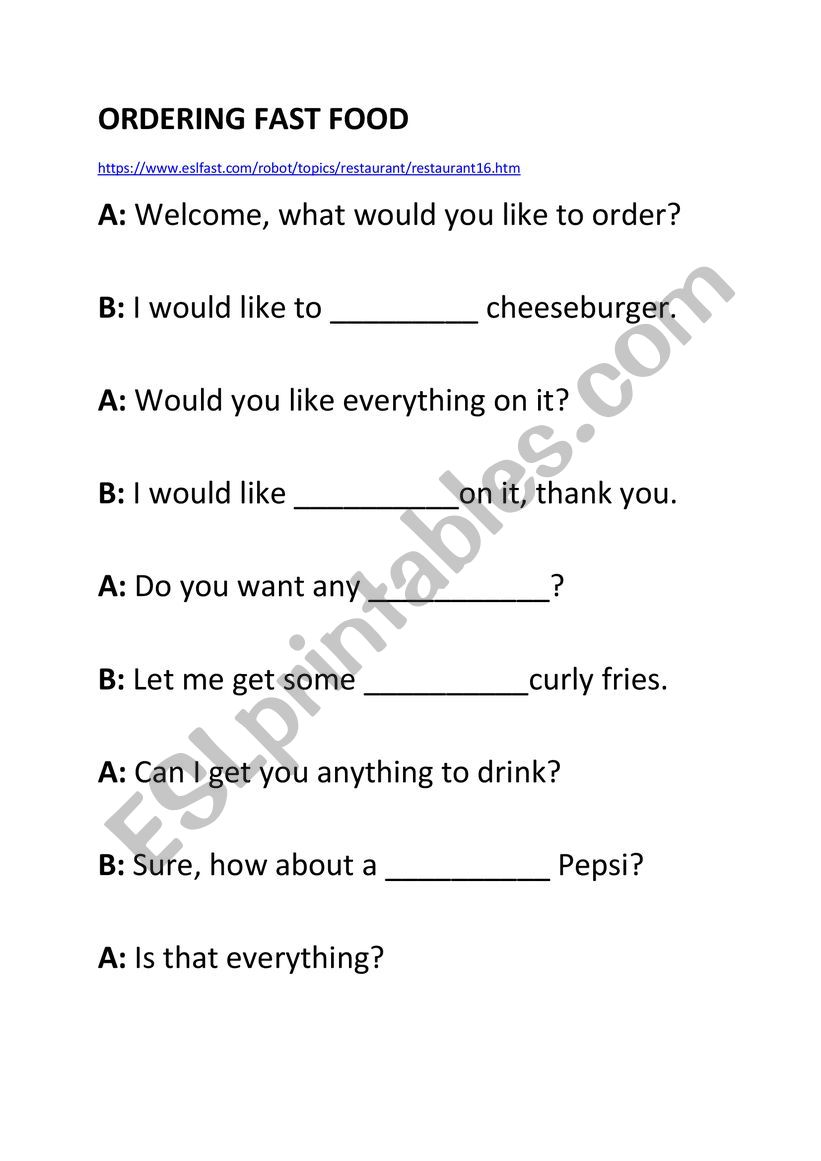 ordering fast food worksheet