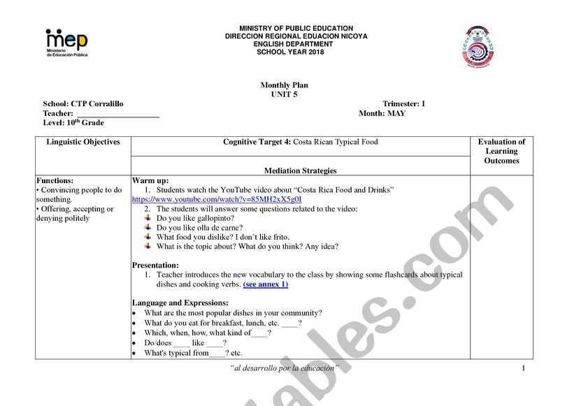 COSTA RICAN FOOD worksheet