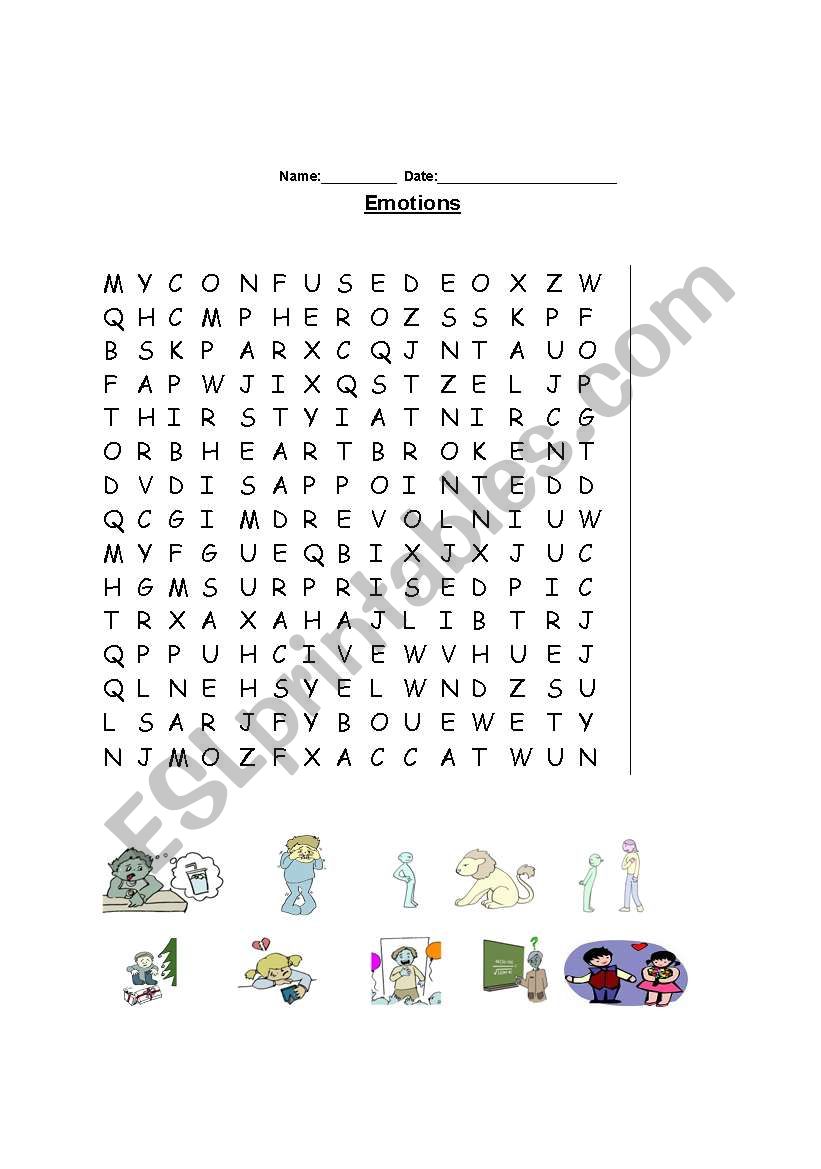 emotions - wordsearch worksheet