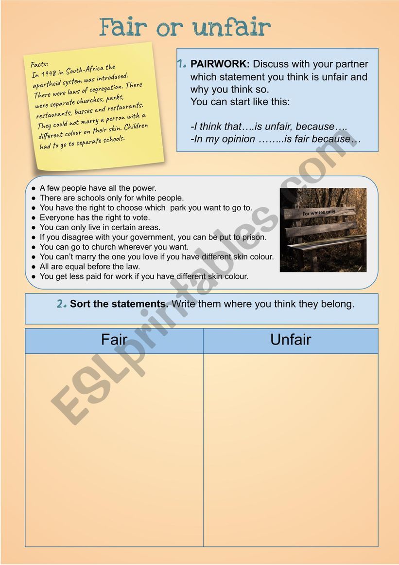 Fair or unfair worksheet