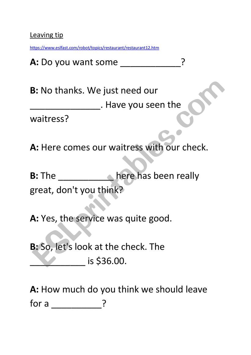 leaving a tip worksheet